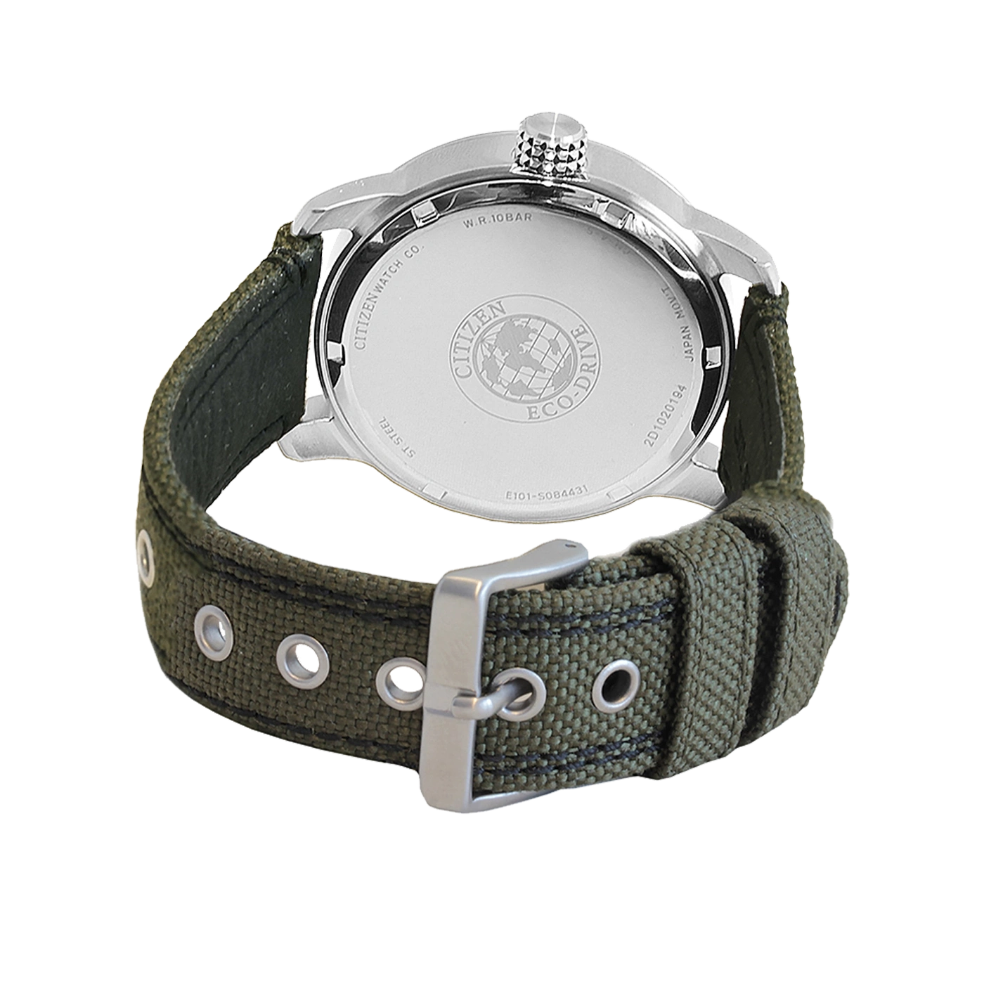 Citizen-Uhrenrückseite mit grünem Armband, Eco-Drive, Edelstahl, W.R. 10 bar
