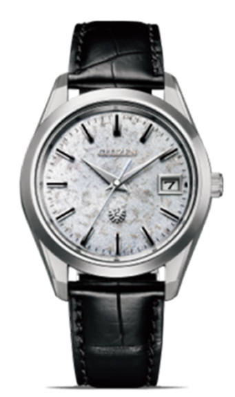 This image showcases a Citizen watch with a silver-toned case and a black crocodile-embossed leather strap. It features a unique, textured white dial, applied hour markers, a date window, and a subtle eagle emblem, all against a plain background.