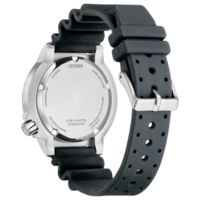 Citizen Taucheruhr mit schwarzem Kautschukarmband, zeigt Gehäusebodendetails.