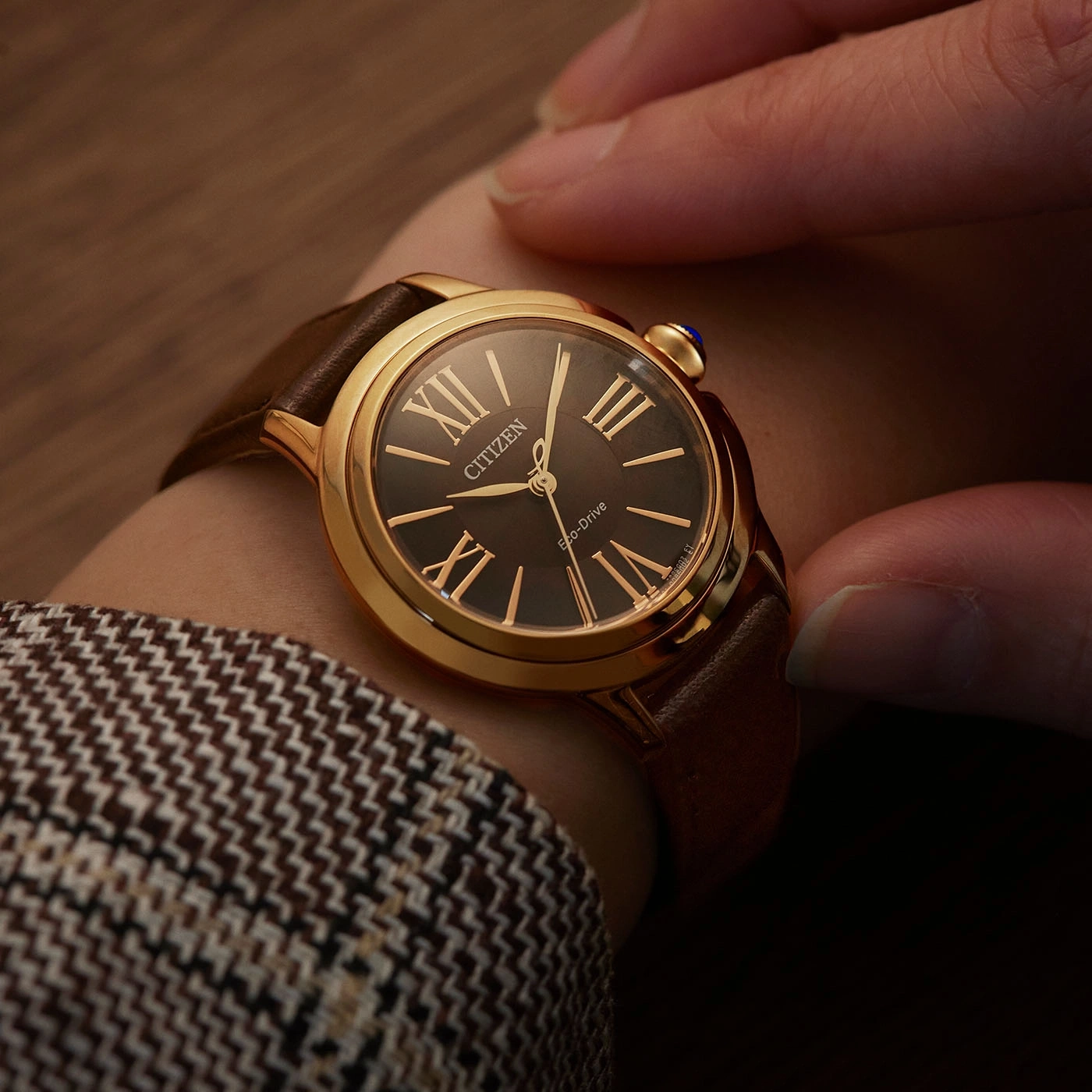 Citizen-Uhr am Handgelenk, Goldgehäuse, braunes Lederarmband, römische Ziffern, Eco-Drive