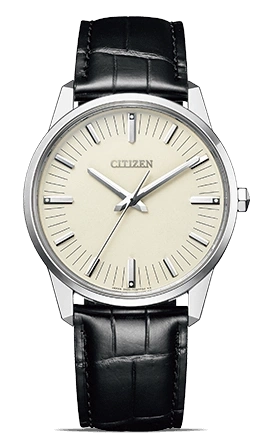 Citizen-Uhr mit cremefarbenem Zifferblatt und schwarzem Lederarmband