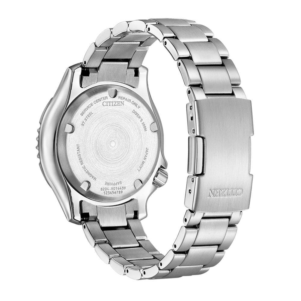 Citizen-Uhrrückseite mit Details: Diver's 200M, Saphir, Japan Movt und Seriennummern.