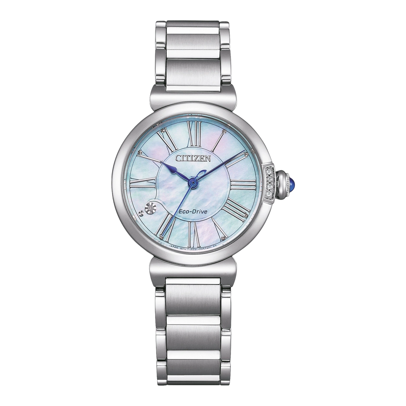 Citizen Eco-Drive Uhr mit Perlmuttzifferblatt und silbernem Armband.