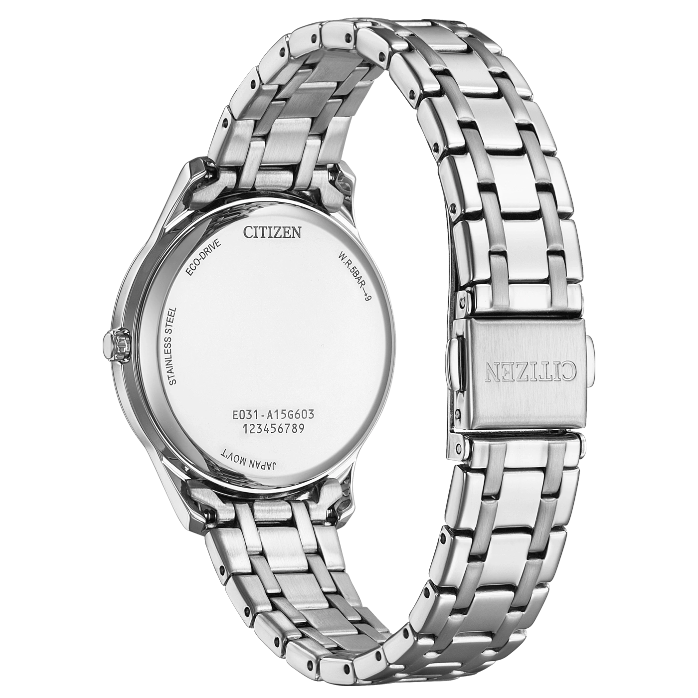 Citizen-Uhrrückseite, Edelstahl, Eco-Drive, Japan-Uhrwerk, W.R.5BAR