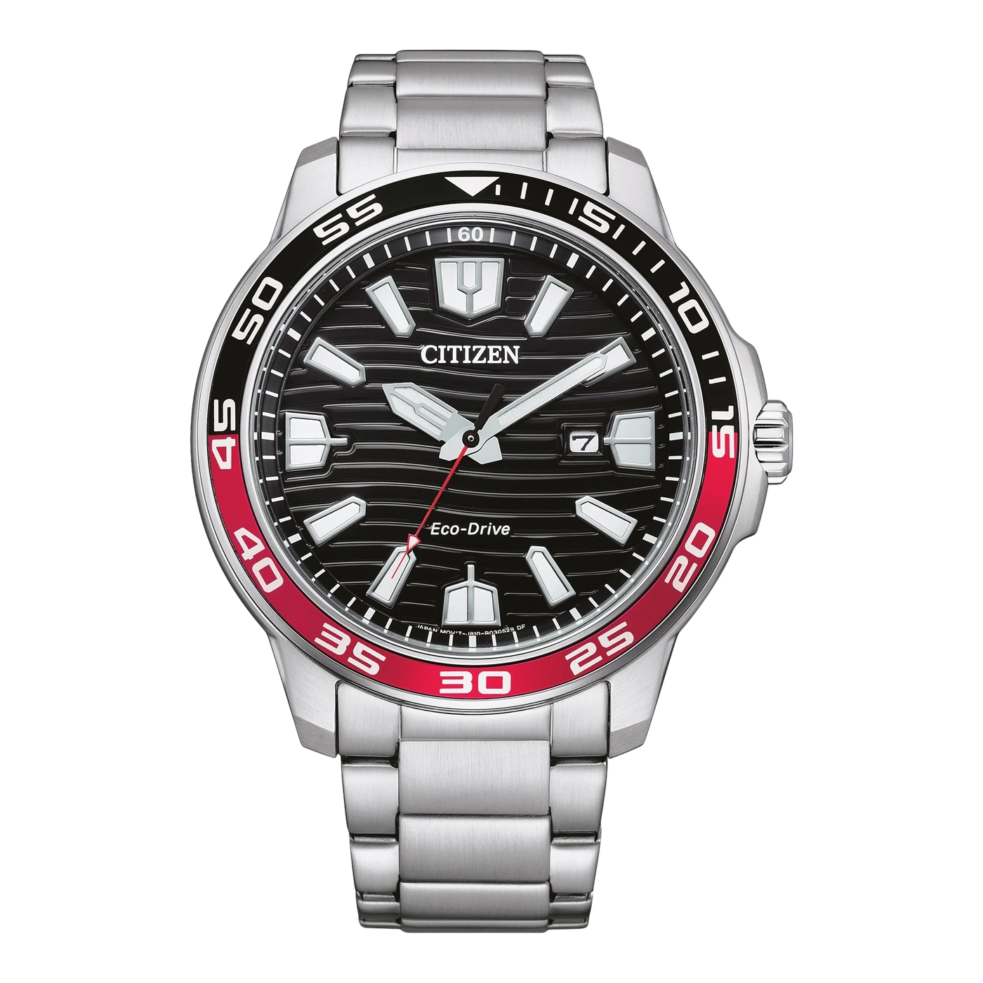 Citizen-Uhr mit schwarzem Zifferblatt, roter Lünette und silbernem Armband. Eco-Drive.