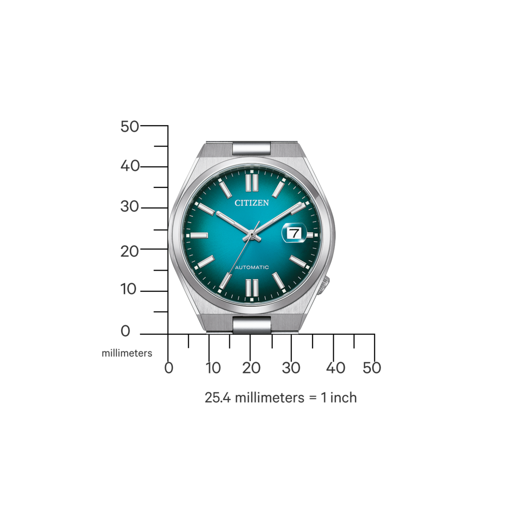 Citizen-Uhr mit türkisblauem Zifferblatt, Maßstab und dem Wort Automatik.