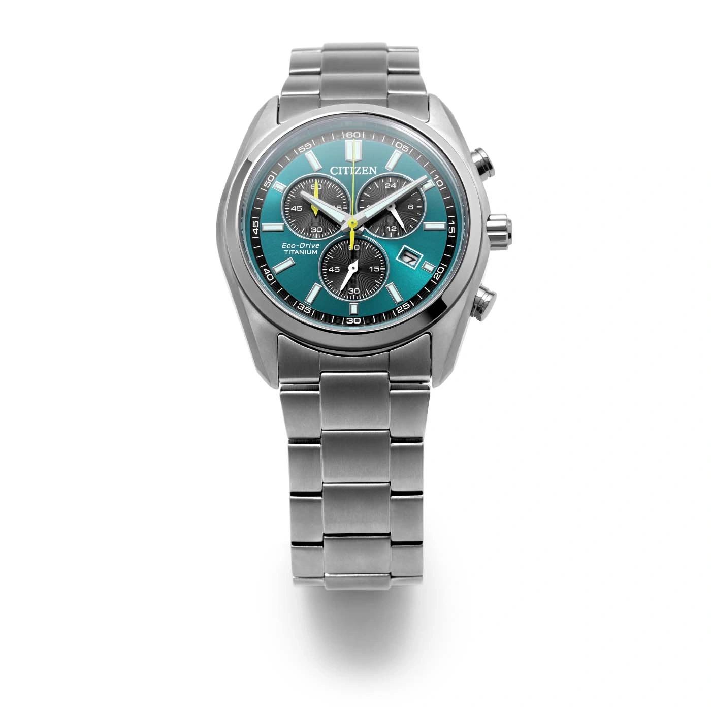 Eine Citizen Eco-Drive Titanium Chronographenuhr mit teal Zifferblatt.