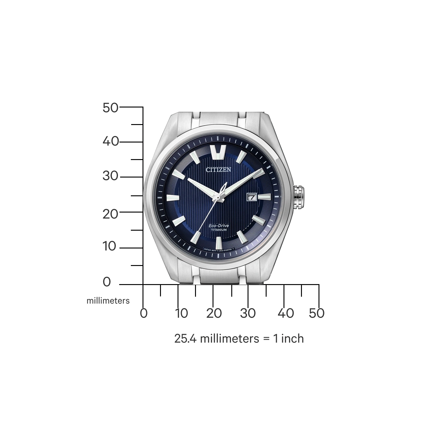 Citizen-Uhr mit blauem Zifferblatt, Titan, Eco-Drive und Millimeterskala.