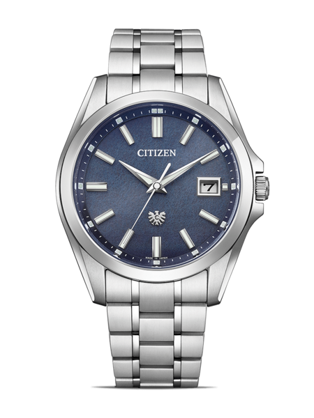 Citizen-Uhr mit blauem Zifferblatt und silbernem Armband, elegantes Design.