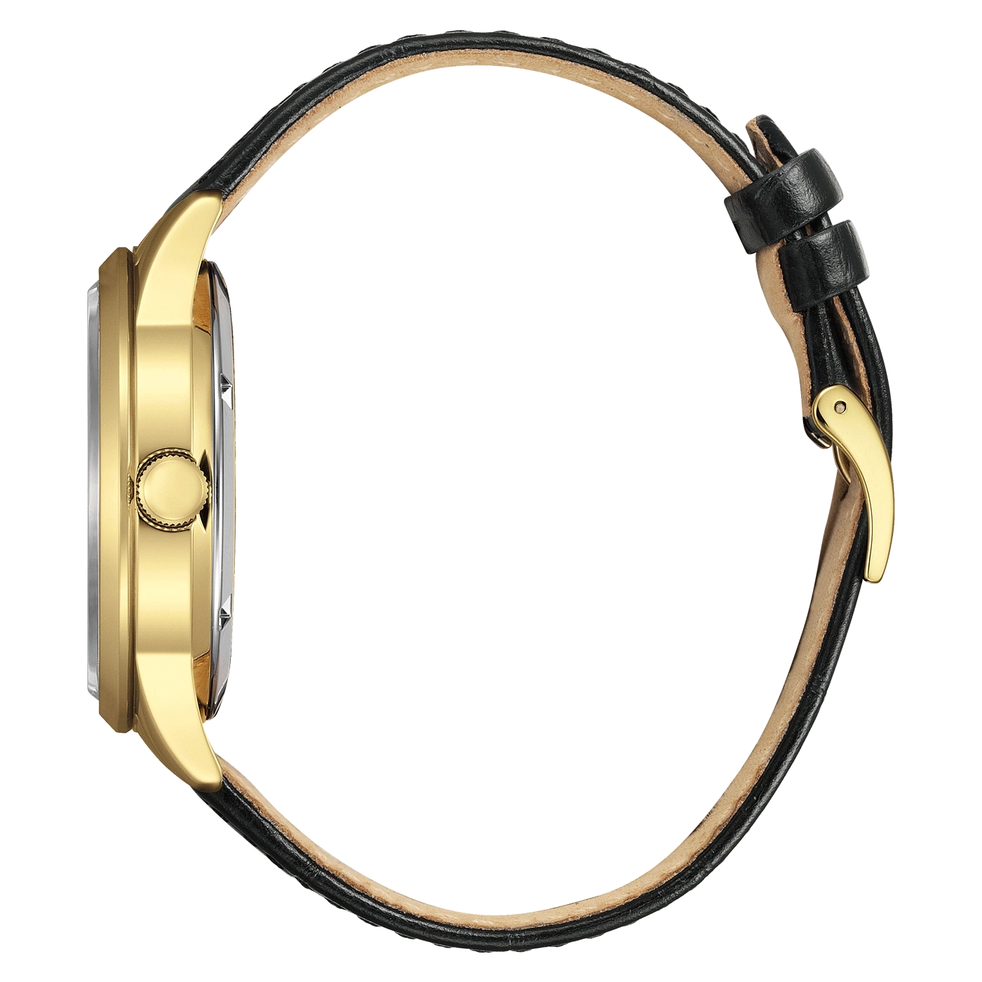 Goldene Uhr mit schwarzem Lederarmband, Seitenansicht, elegantes Design