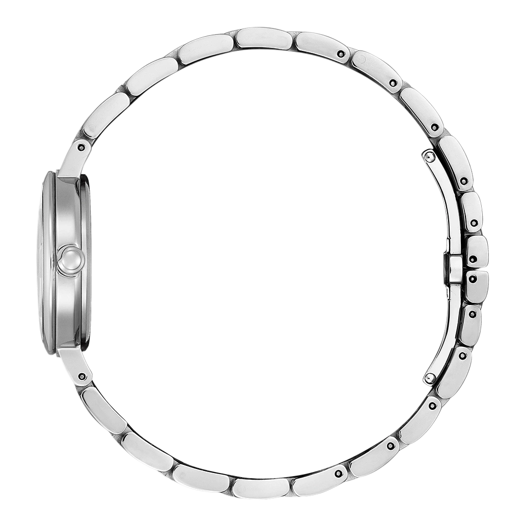 Seitenansicht einer silbernen Armbanduhr mit Metallband.
