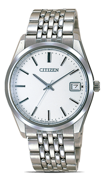 This image showcases a Citizen watch with a clean white dial, silver-toned case, and a multi-link metal bracelet. It features black baton hour markers, sleek hands, and a date window at 3 o'clock, all against a plain background.