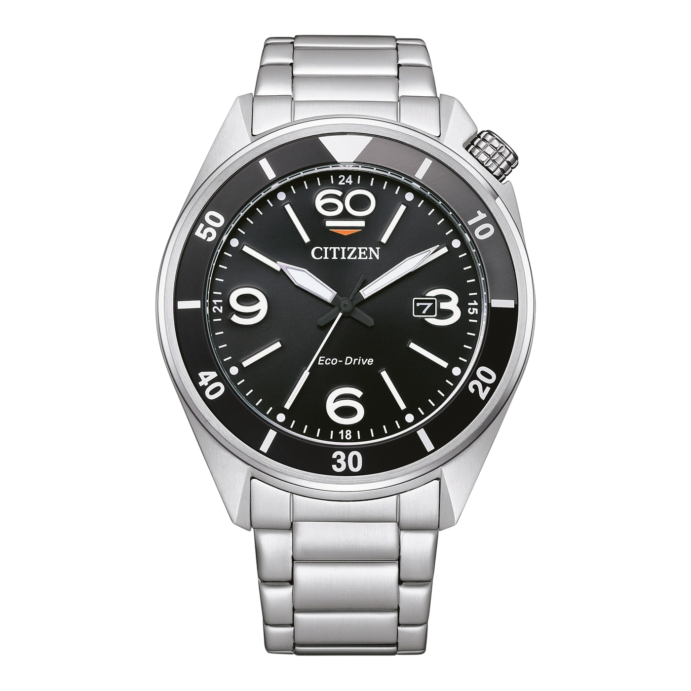 Citizen Eco-Drive Uhr mit schwarzem Zifferblatt und silbernem Armband, zeigt die Zeit.