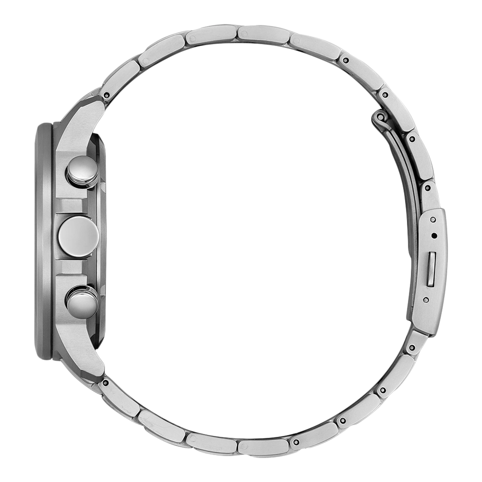 Seitenansicht einer silbernen Armbanduhr mit Metallband und Knöpfen.