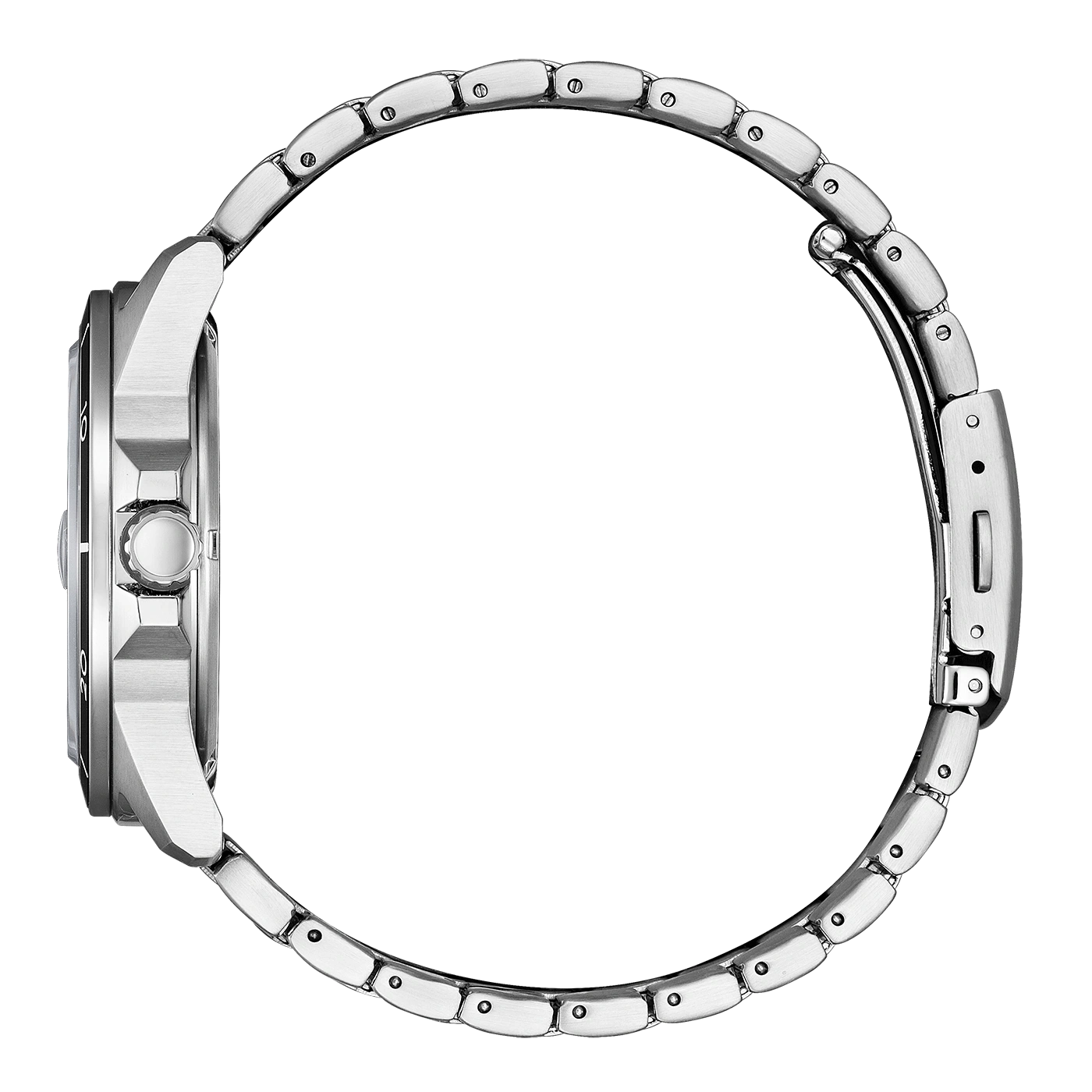 Silberne Uhr mit Metallarmband, Seitenansicht, isoliert auf weißem Hintergrund.
