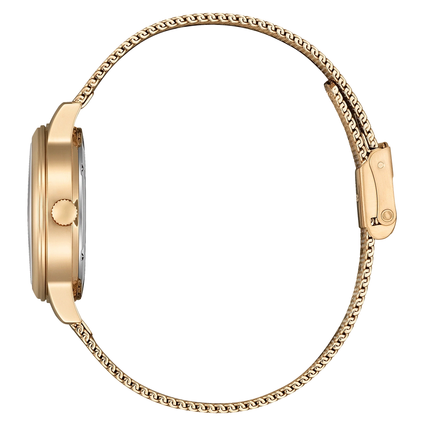 Goldene Uhr mit Mesh-Armband, Seitenansicht, elegant und stilvoll.