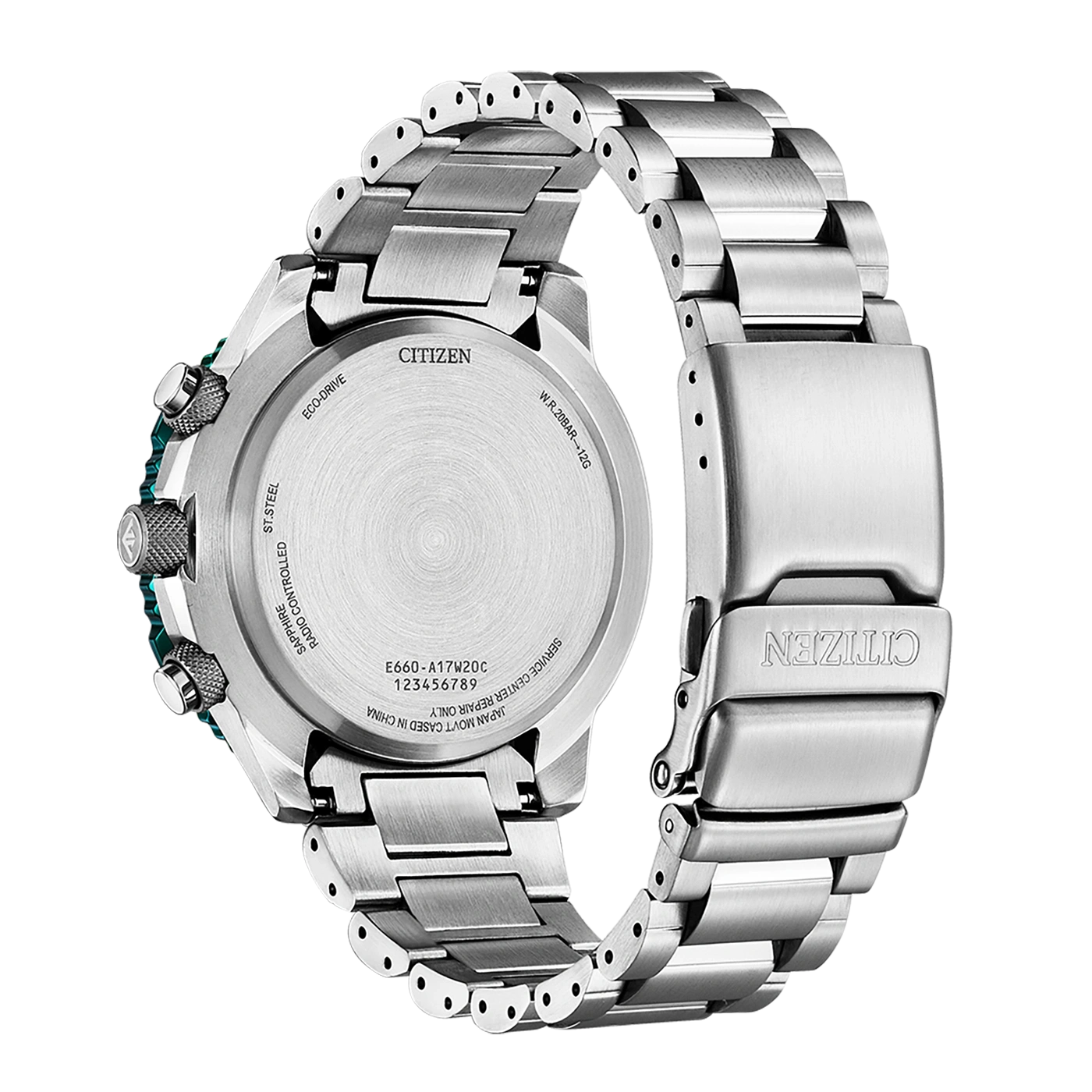 Citizen-Uhrenrückseite, Edelstahl, Eco-Drive, funkgesteuert, Saphirglas