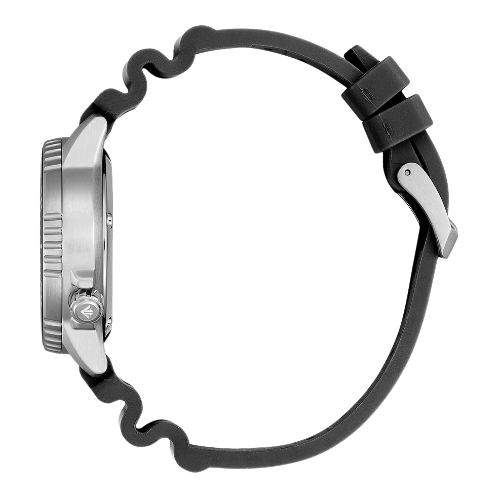 Seitenansicht einer silbernen Uhr mit schwarzem Kautschukarmband.