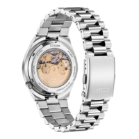 Citizen-Uhr, Rückseite, Stahl, Saphir, japanisches Uhrwerk, sichtbarer Mechanismus, Armband.