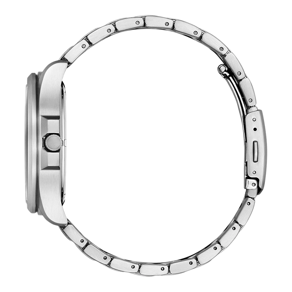Silberne Uhr mit Metallarmband, Seitenansicht, isoliert auf weißem Hintergrund.