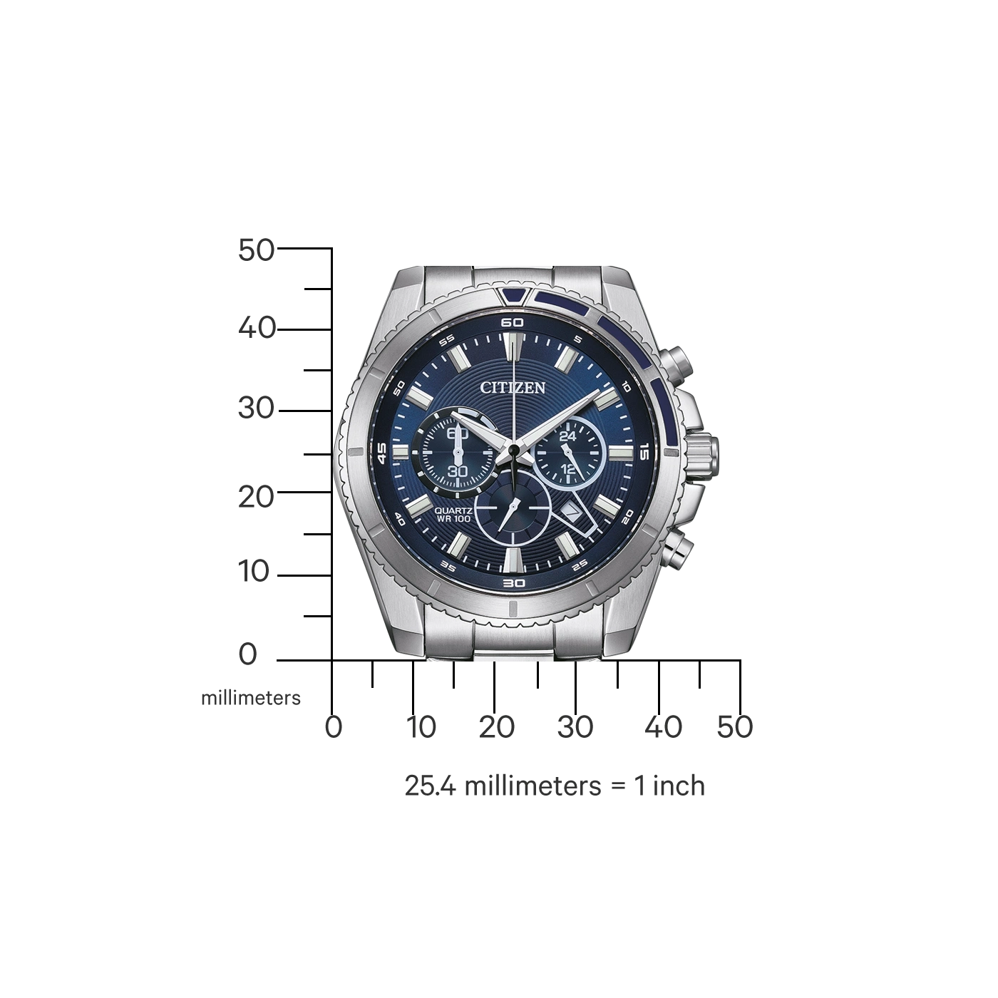 Citizen-Uhr mit blauem Zifferblatt und silbernem Gehäuse, Messung in Millimetern.