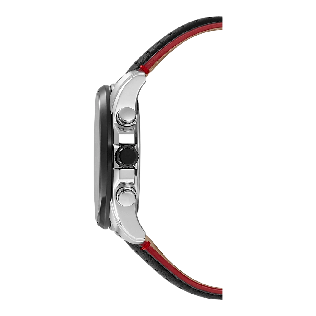 Seitenansicht einer silbernen Uhr mit schwarzem und rotem Armband