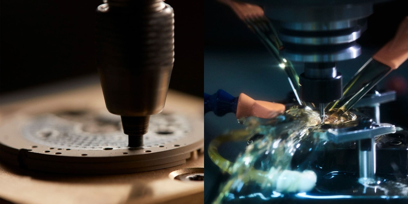 This split image depicts precision manufacturing. The left shows a tool working on a finely patterned metal surface. The right shows fluid-cooled machinery precisely cutting or shaping a component, highlighting advanced industrial processes.