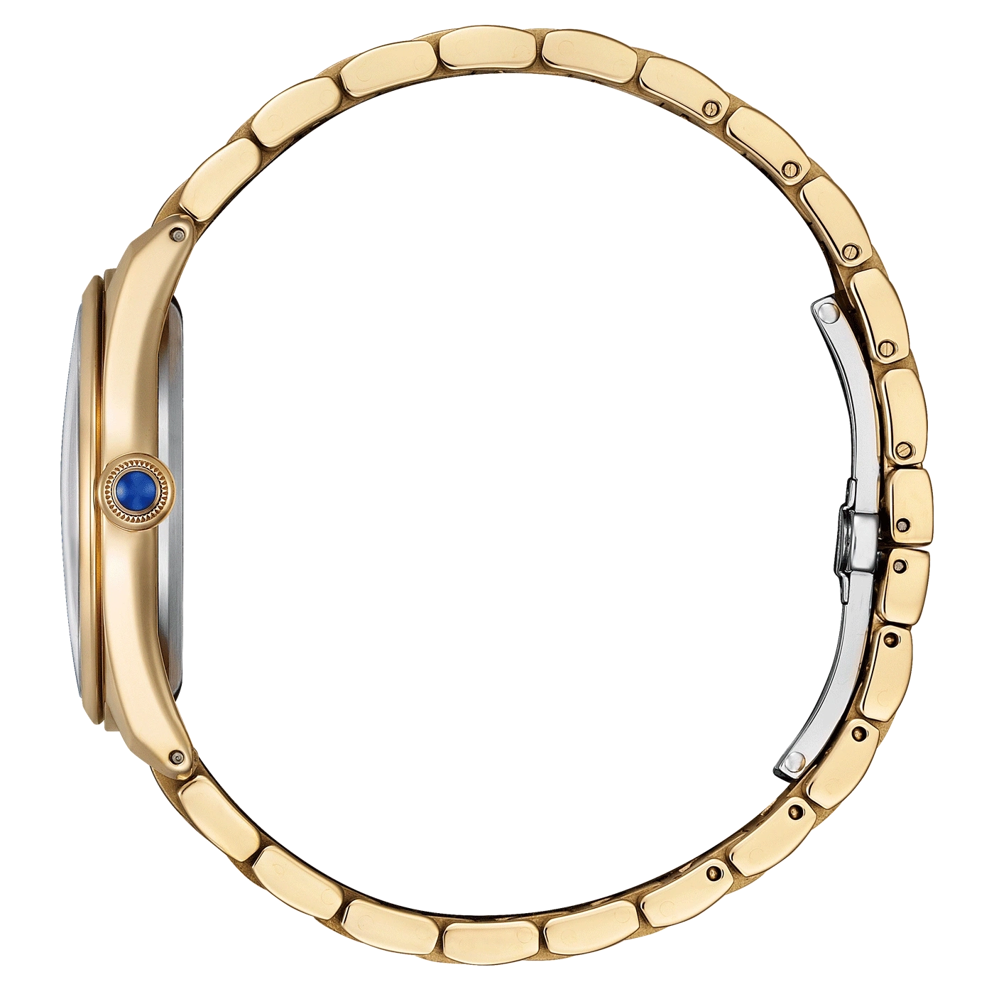 Goldene Uhr mit blauem Edelstein, Seitenansicht, elegantes Design, Luxus-Accessoire