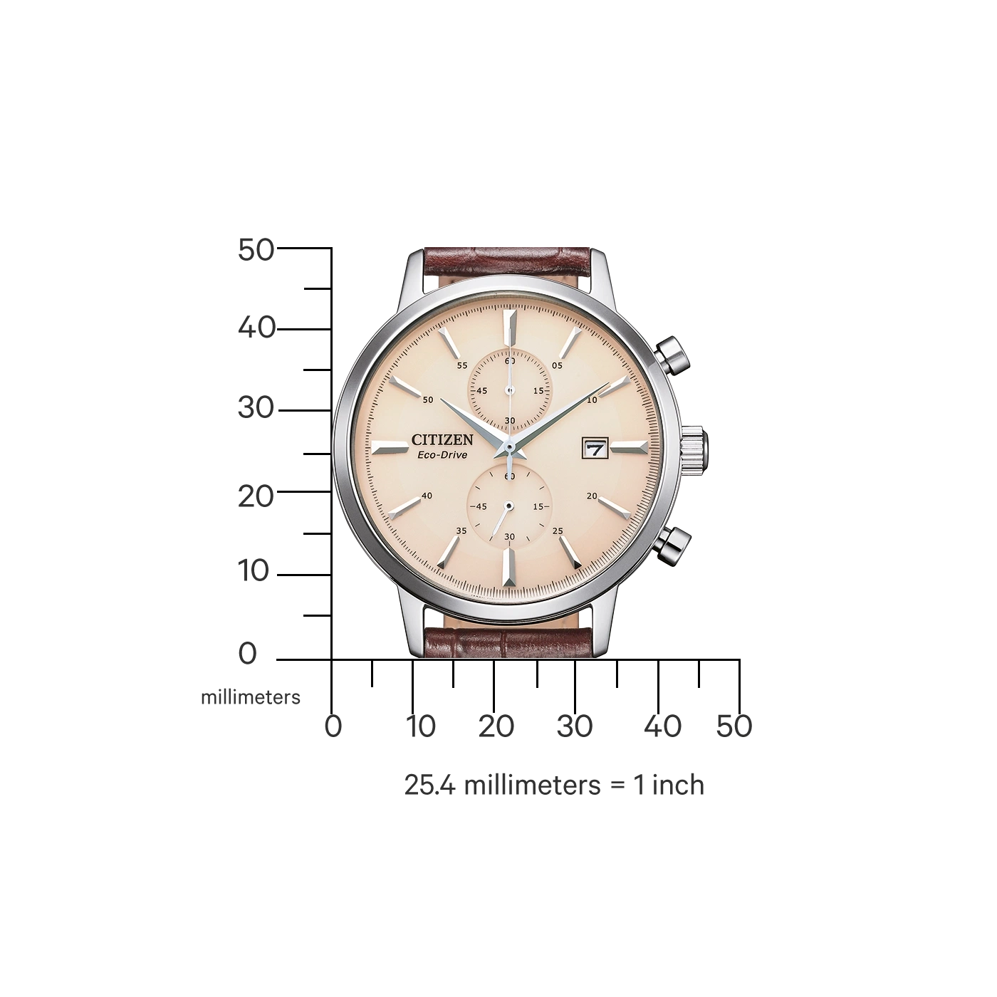 Citizen Eco-Drive Uhr mit braunem Lederarmband und Chronographenfunktionen.