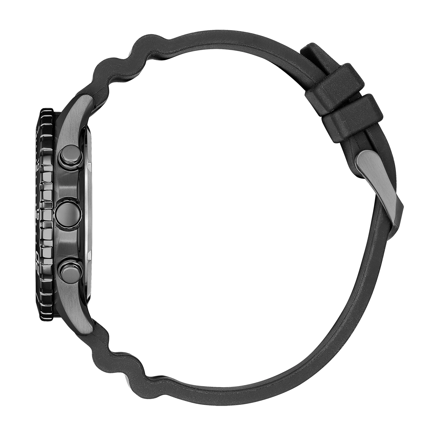 Schwarze Uhr mit schwarzem Armband, Seitenansicht, isoliert auf weißem Hintergrund.