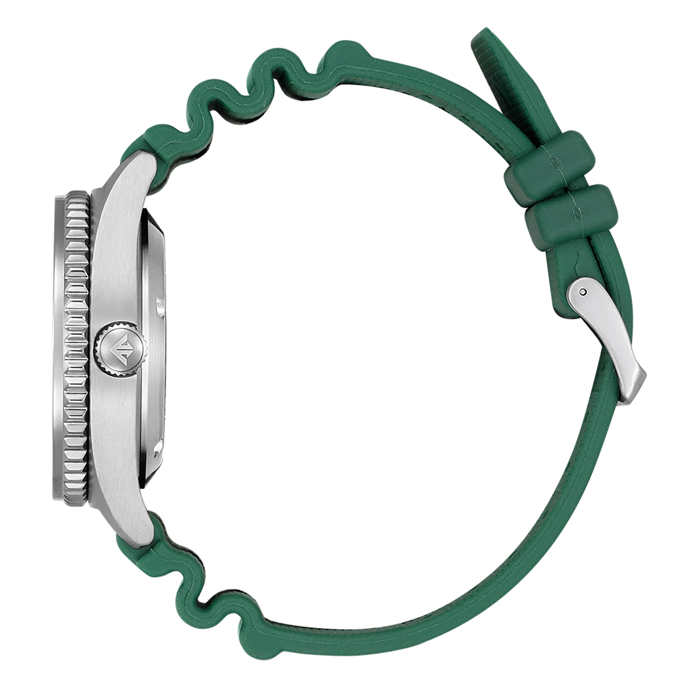 Grüne Uhr mit silbernem Gehäuse und einzigartigem grünen Armbanddesign.