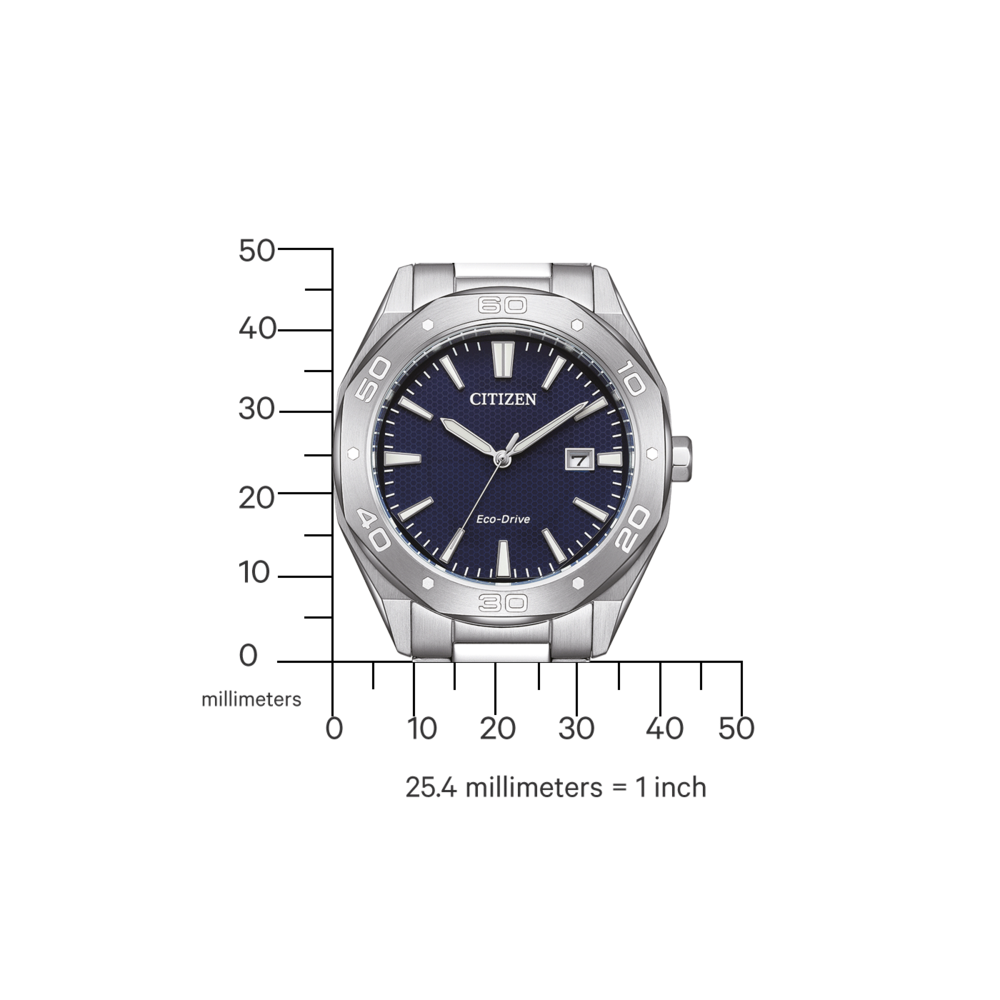 Citizen-Uhr mit blauem Zifferblatt, silberner Lünette und Eco-Drive-Technologie. Zeigt die Zeit an.