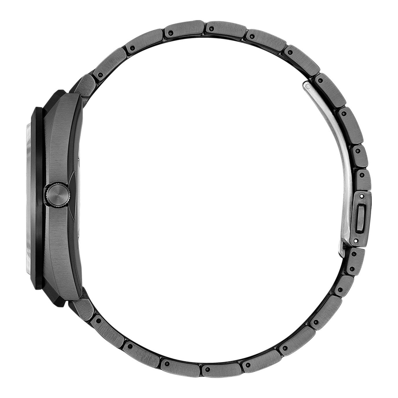 Seitenansicht einer dunkelgrauen Uhr mit Metallband, modernes Design.
