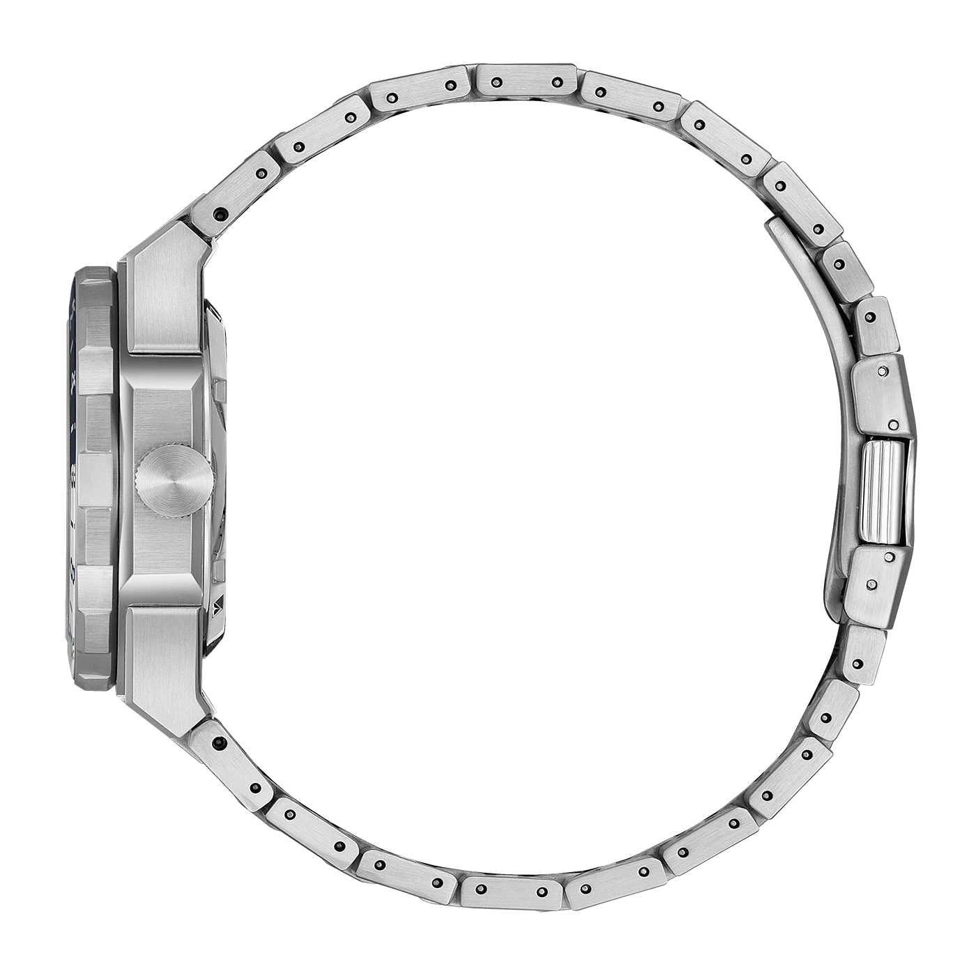 Silberne Uhr mit Metallarmband, Seitenansicht, modernes Design, elegantes Accessoire