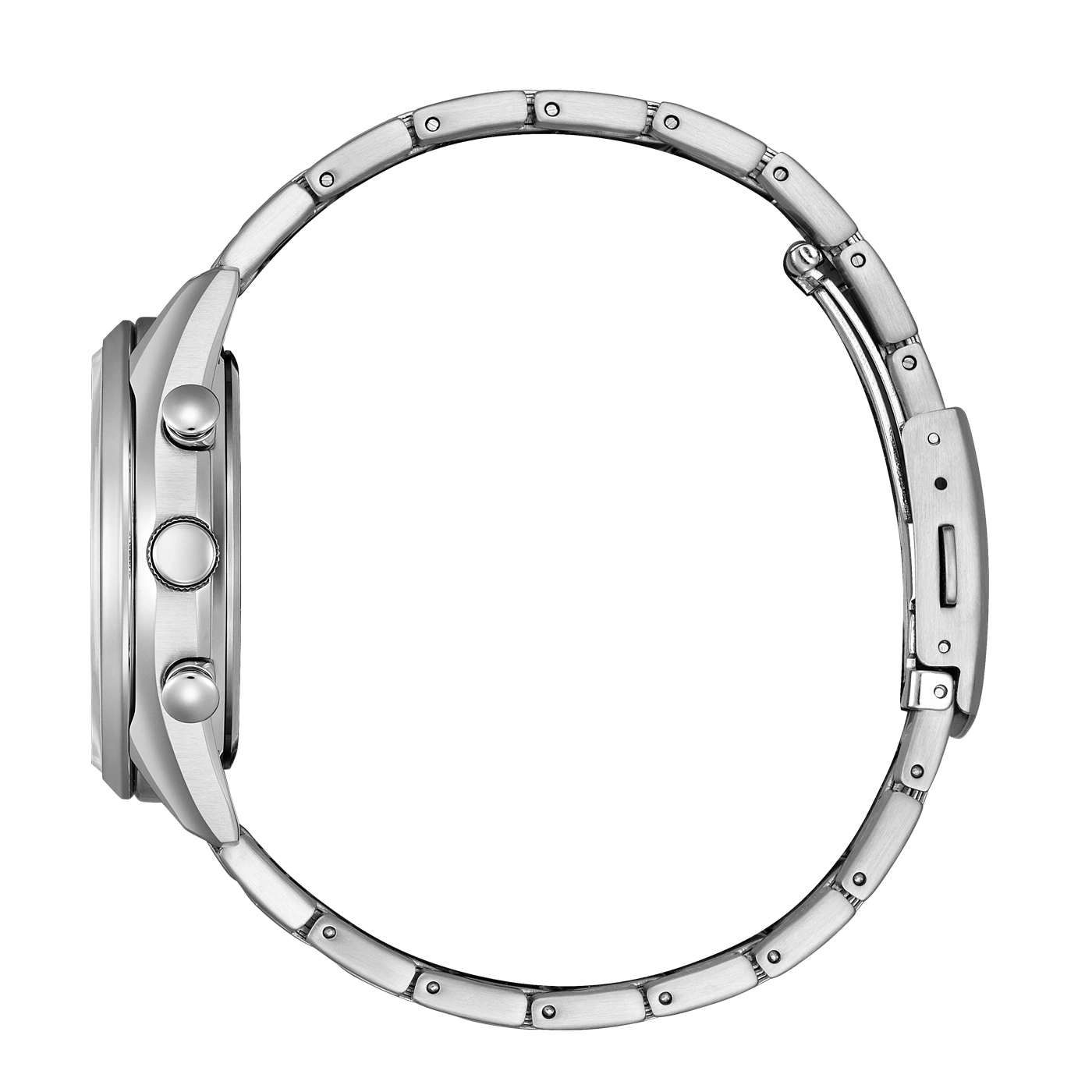 Silberne Uhr Seitenansicht, Edelstahlband, Knöpfe, elegantes Design, moderner Stil
