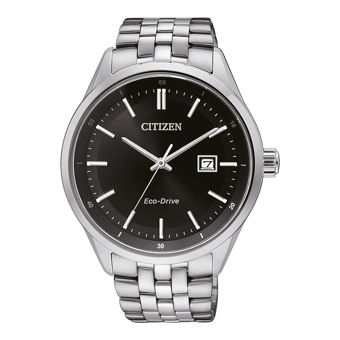 Citizen-Uhr mit schwarzem Zifferblatt und silbernem Armband, Eco-Drive-Technologie.