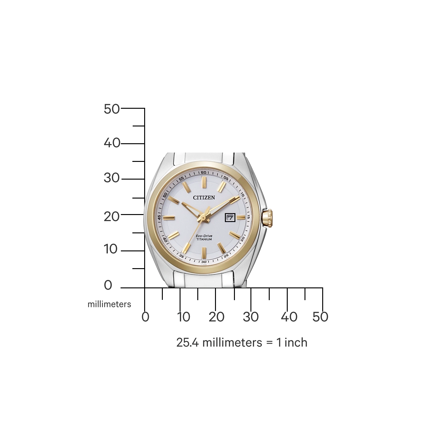 Citizen-Uhr mit goldenen Akzenten, weißem Zifferblatt und Titan-Eco-Drive.