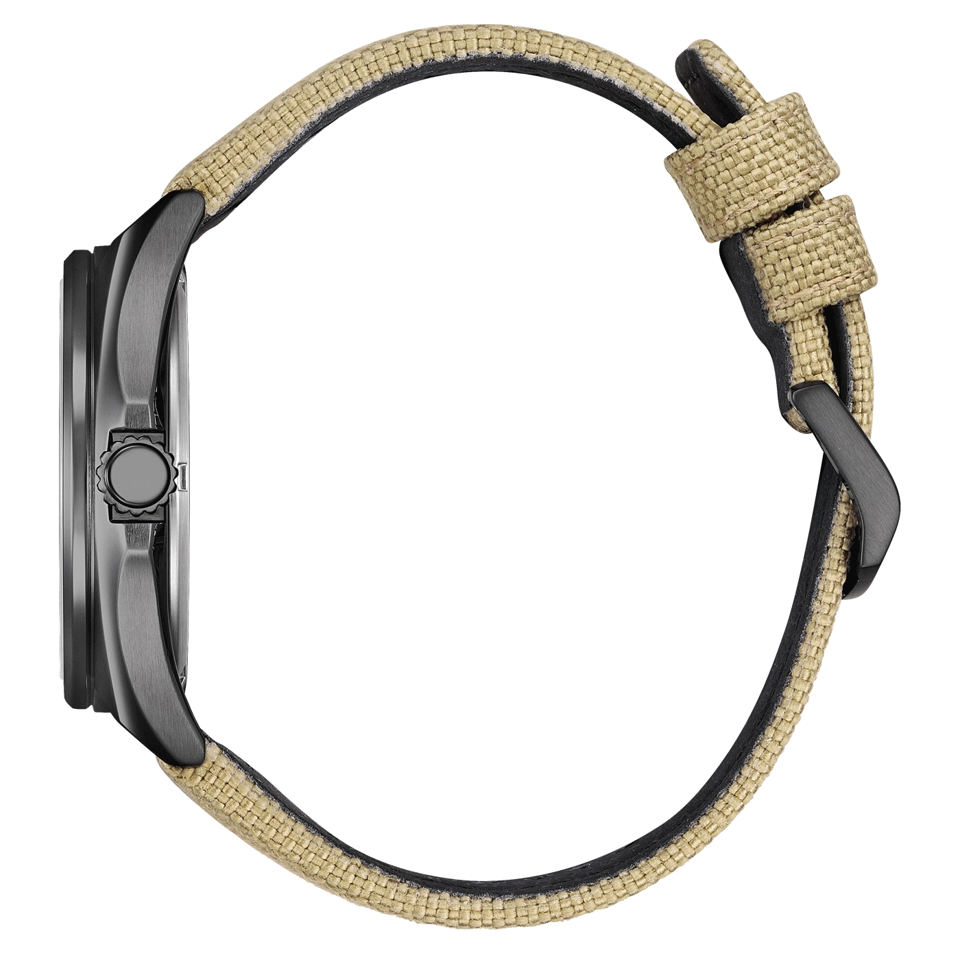 Seitenansicht einer schwarzen Uhr mit beigem Stoffarmband.