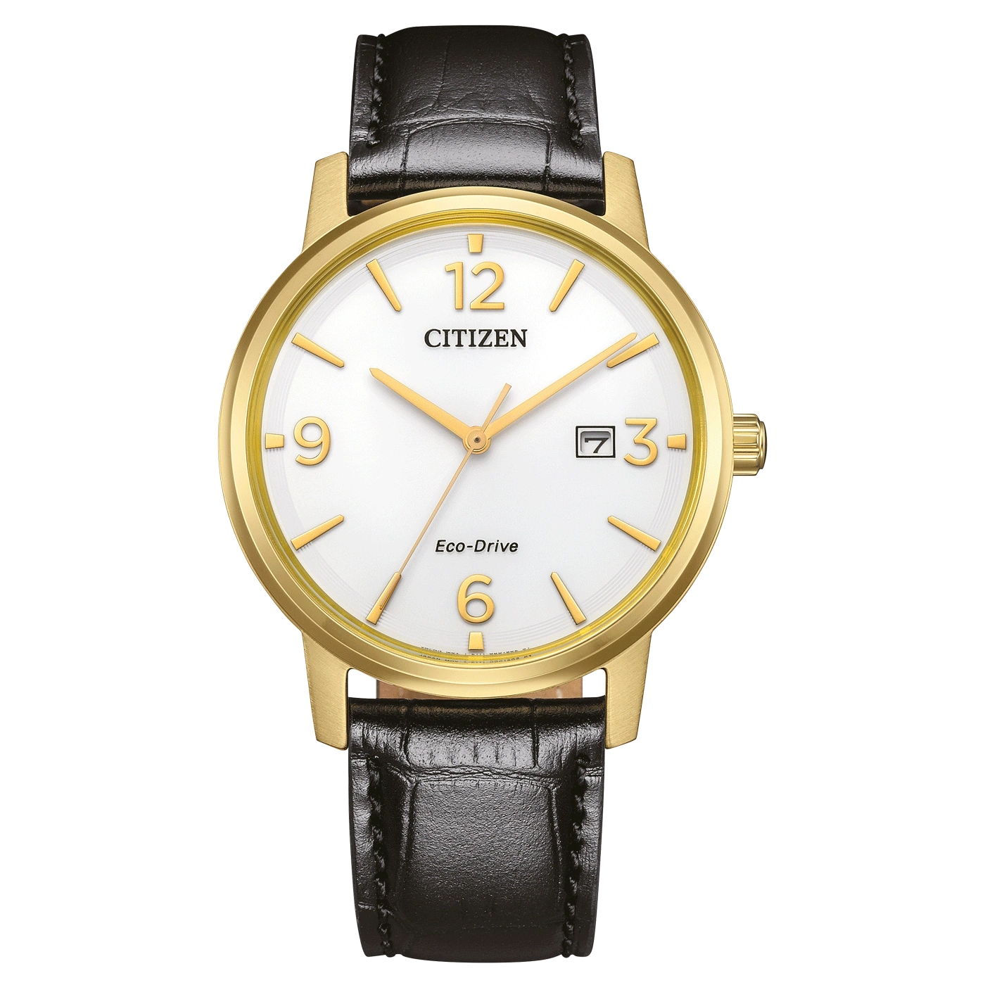 Citizen-Uhr mit goldenem Gehäuse, weißem Zifferblatt und schwarzem Lederarmband