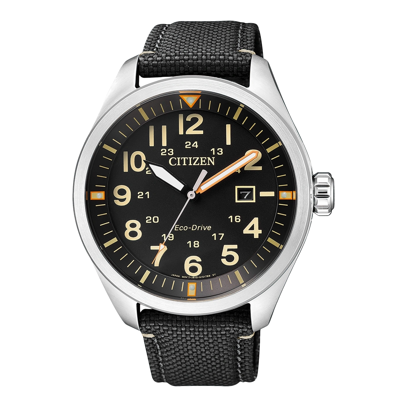 Citizen-Uhr mit schwarzem Zifferblatt, Zahlen und einem schwarzen Armband.