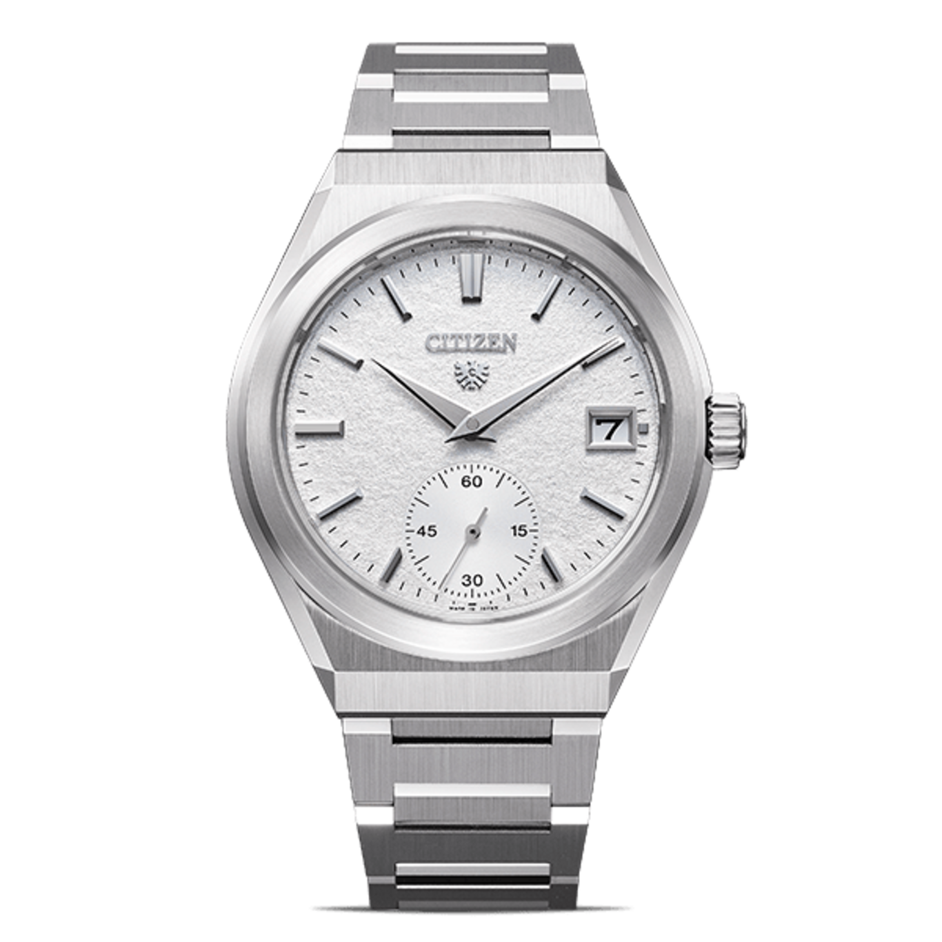 This image displays a sleek Citizen watch with a silver-toned integrated bracelet and case. It features a textured white dial with subtle applied hour markers, a date window at 3 o'clock, and a small seconds sub-dial.