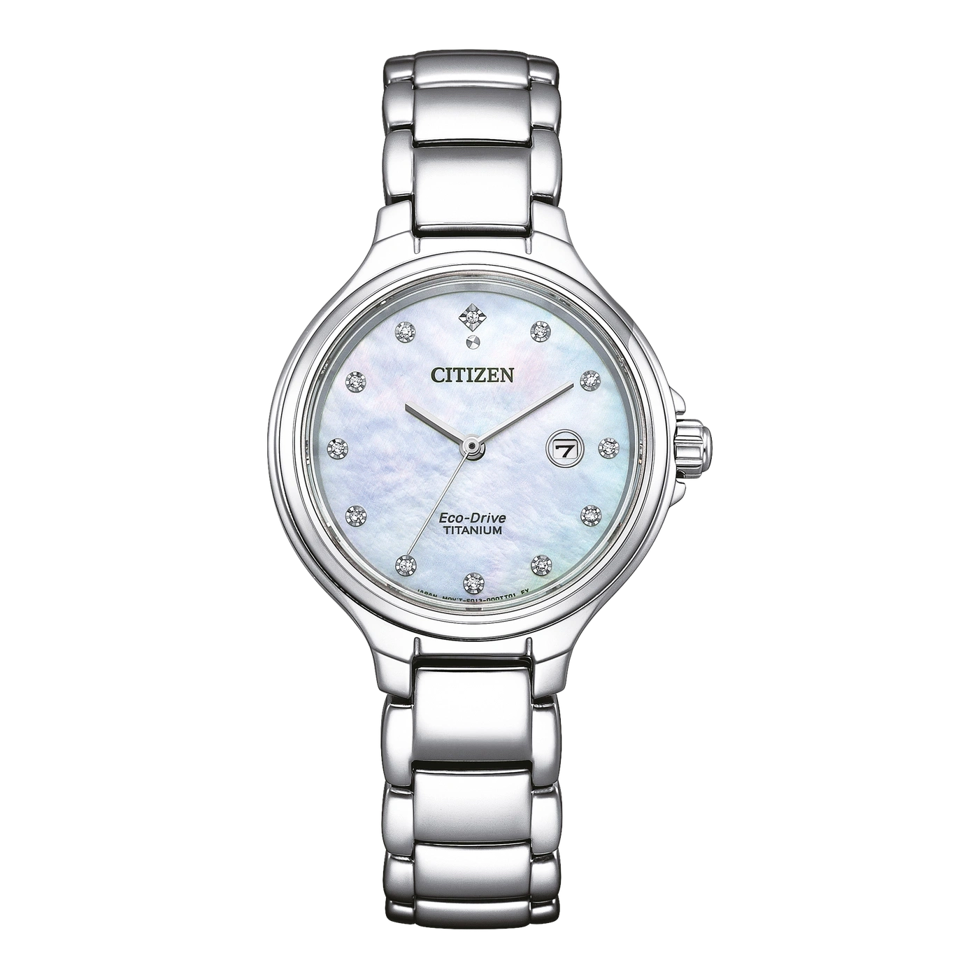 Citizen Eco-Drive Titanuhr mit Perlmuttzifferblatt und Diamanten.