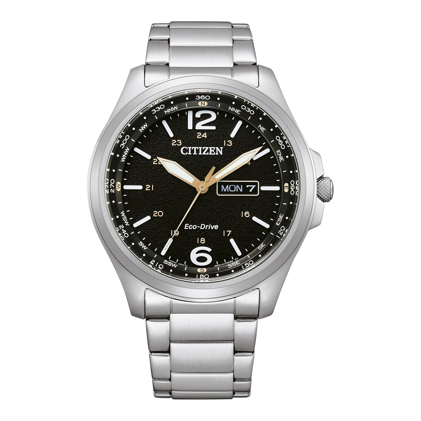 Citizen-Uhr mit schwarzem Zifferblatt, Kompasslünette und Edelstahlarmband.