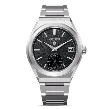 This image shows a Citizen watch with a silver-toned case, textured white dial, and black strap.