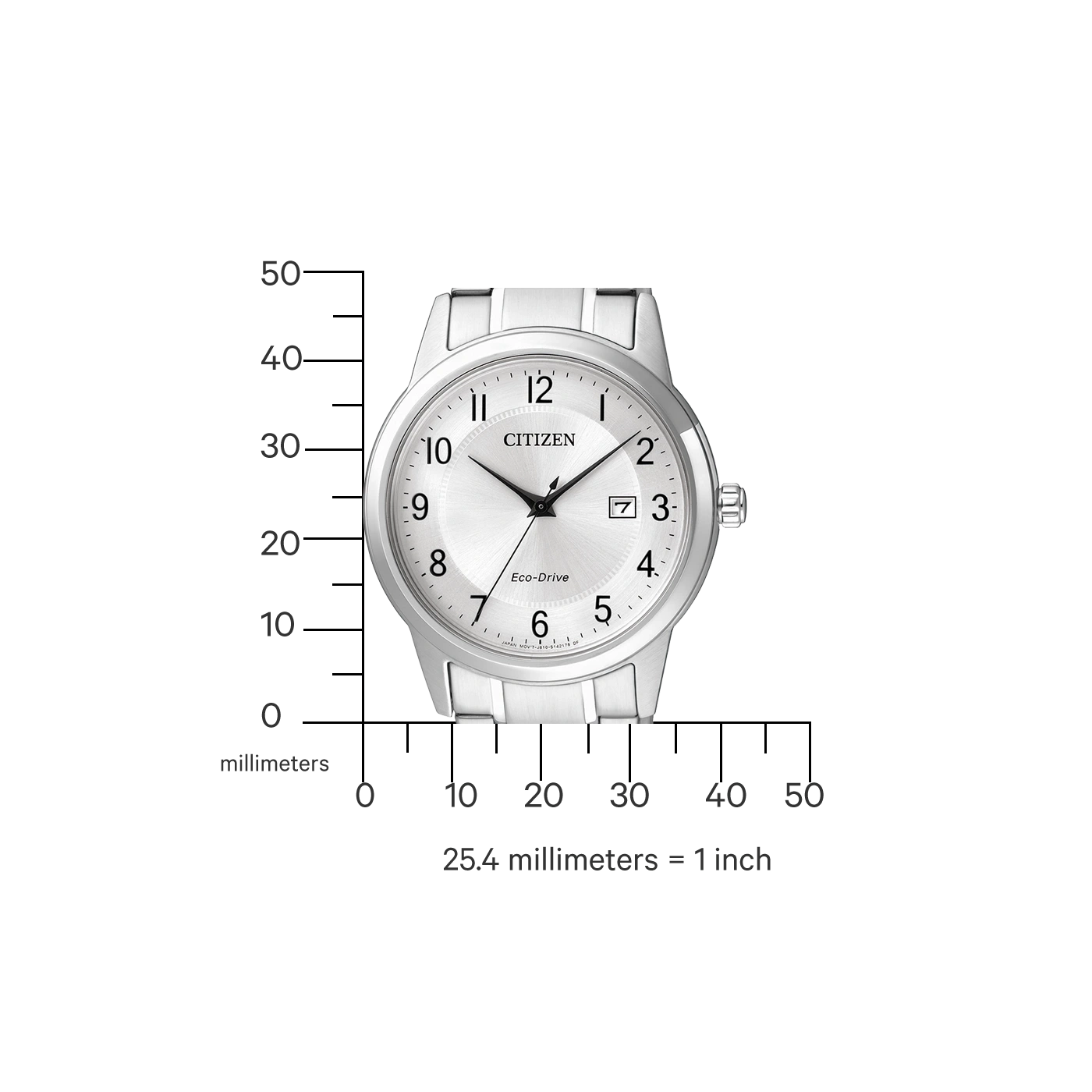 Citizen-Uhr mit silbernem Zifferblatt und Datumsanzeige, Eco-Drive-Technologie.