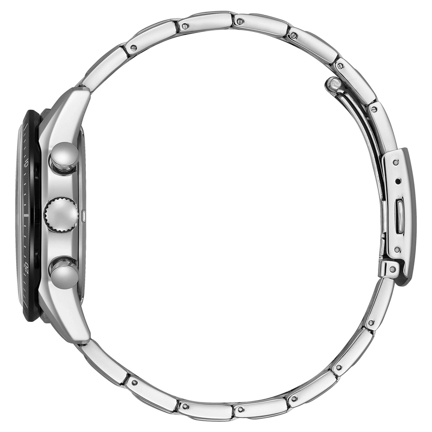 Silberne Uhr mit schwarzem Zifferblatt und Metallarmband, Seitenansicht, elegantes Design