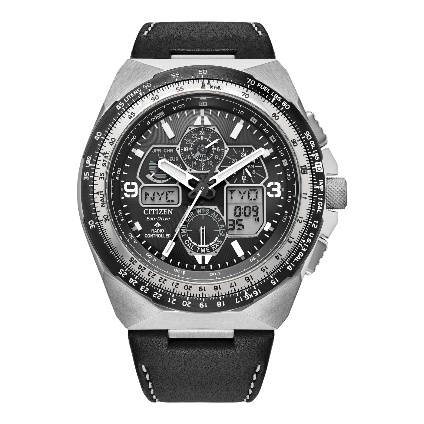 Citizen-Uhr mit schwarzem Armband, mehreren Zifferblättern und digitaler Zeitanzeige.