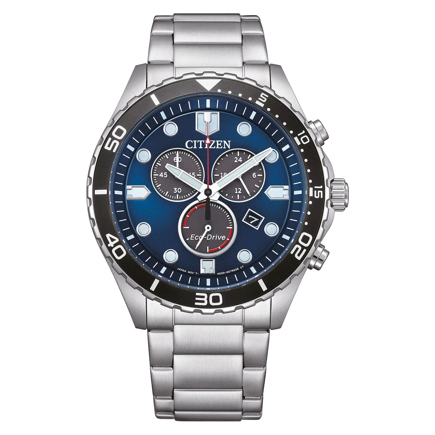 Citizen-Uhr mit blauem Zifferblatt, schwarzer Lünette und silbernem Armband. Eco-Drive-Technologie.
