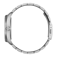 Seitenansicht einer silbernen Armbanduhr mit Metallband und rundem Zifferblatt.