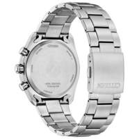 Rückseite einer gebürsteten silbernen Citizen Eco-Drive-Uhr mit Text.